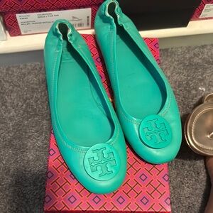 Tory Burch Blue Flats with Medallion Logo